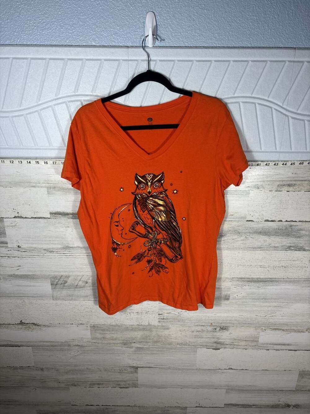 Celebrate the Season Women's Halloween V-Neck Graphic T-Shirt Orange Gold Foil O